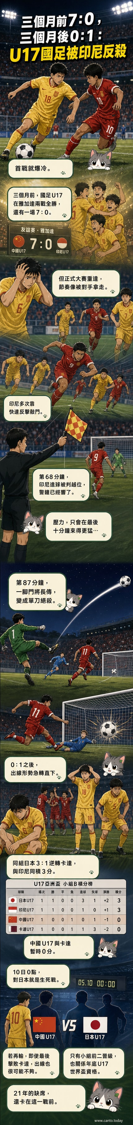 U17國足球員在場上神情凝重,印尼球員慶祝進球,背景顯示比分0比1