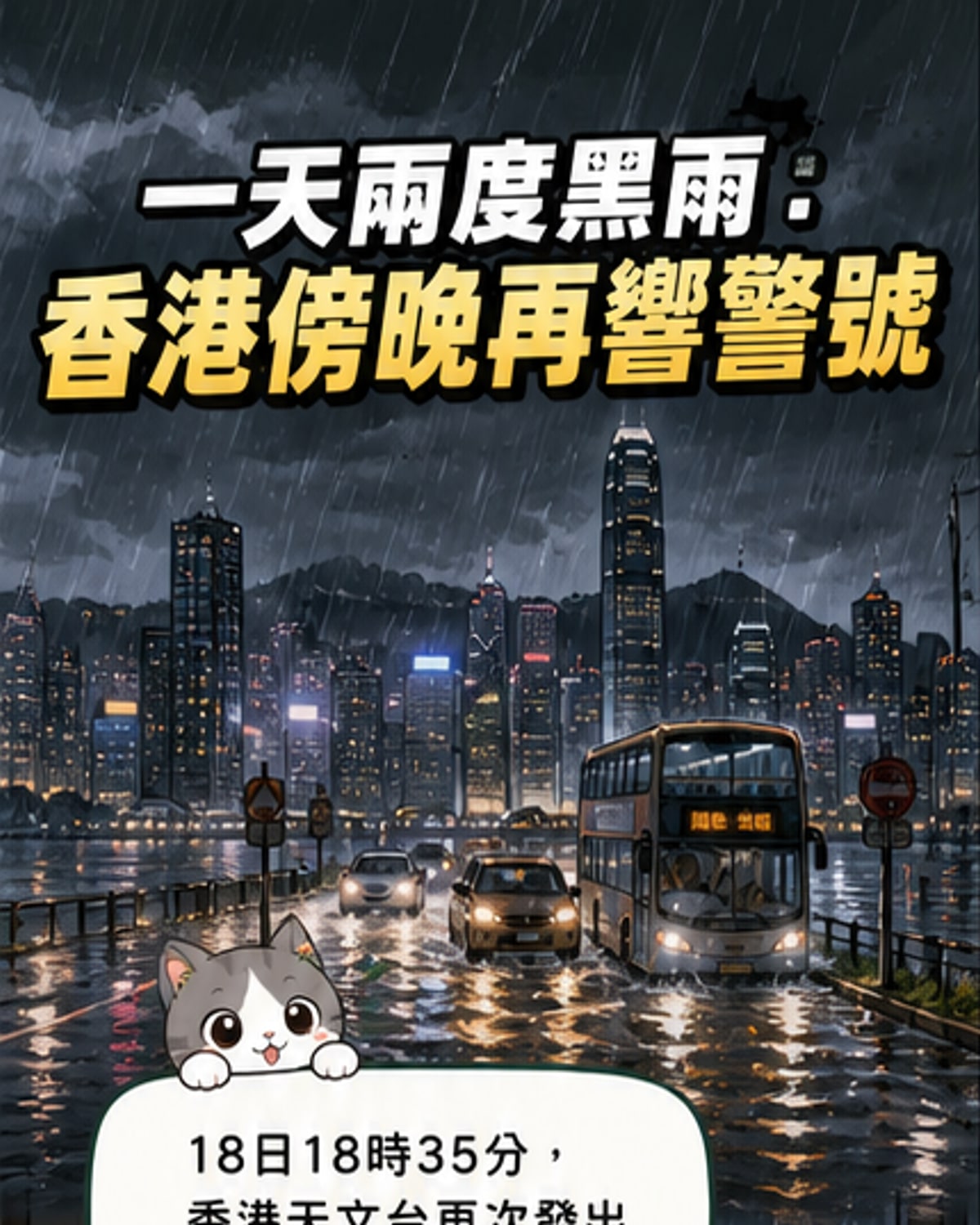 香港城市在暴雨中被淹，街道積水嚴重，行人撐傘匆匆行走，背景顯示天色昏暗。