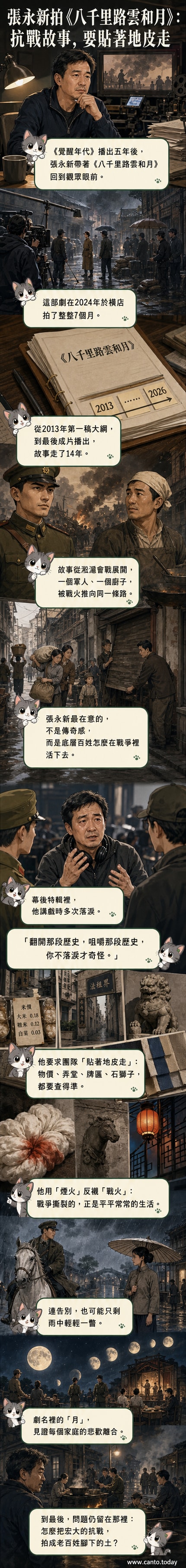 導演張永新坐在片場,手持劇本,神情專注,背景是重現1930年代的街景與馬頭牆建築。