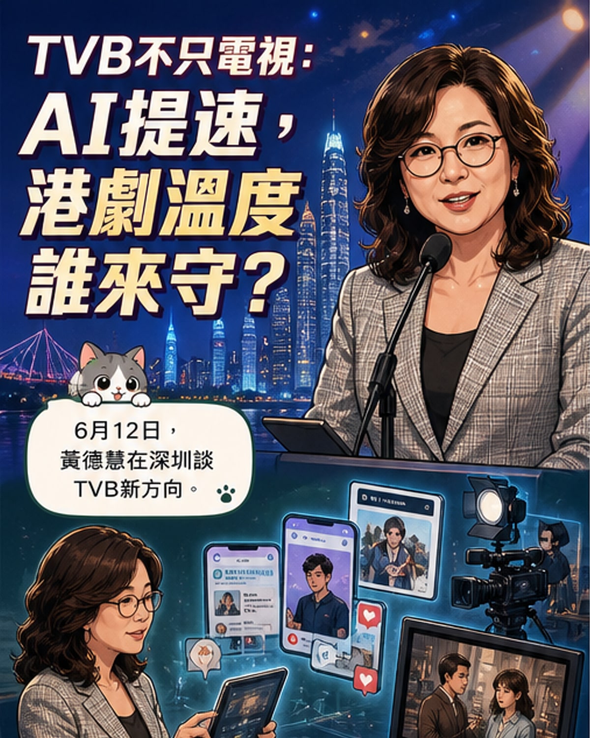 黃德慧站在深圳發佈會舞台,背後是TVB經典劇照與AI生成影像的融合視覺,象徵傳統與科技的結合。