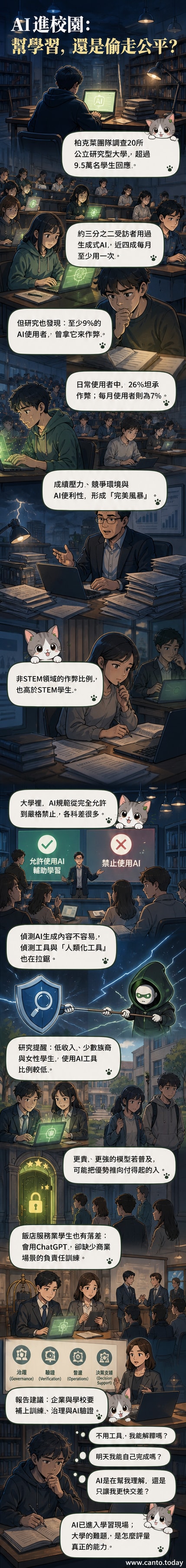 一名學生盯著筆電螢幕上的AI對話視窗,背景是教室與數據圖表,象徵AI在學習中的雙面角色。