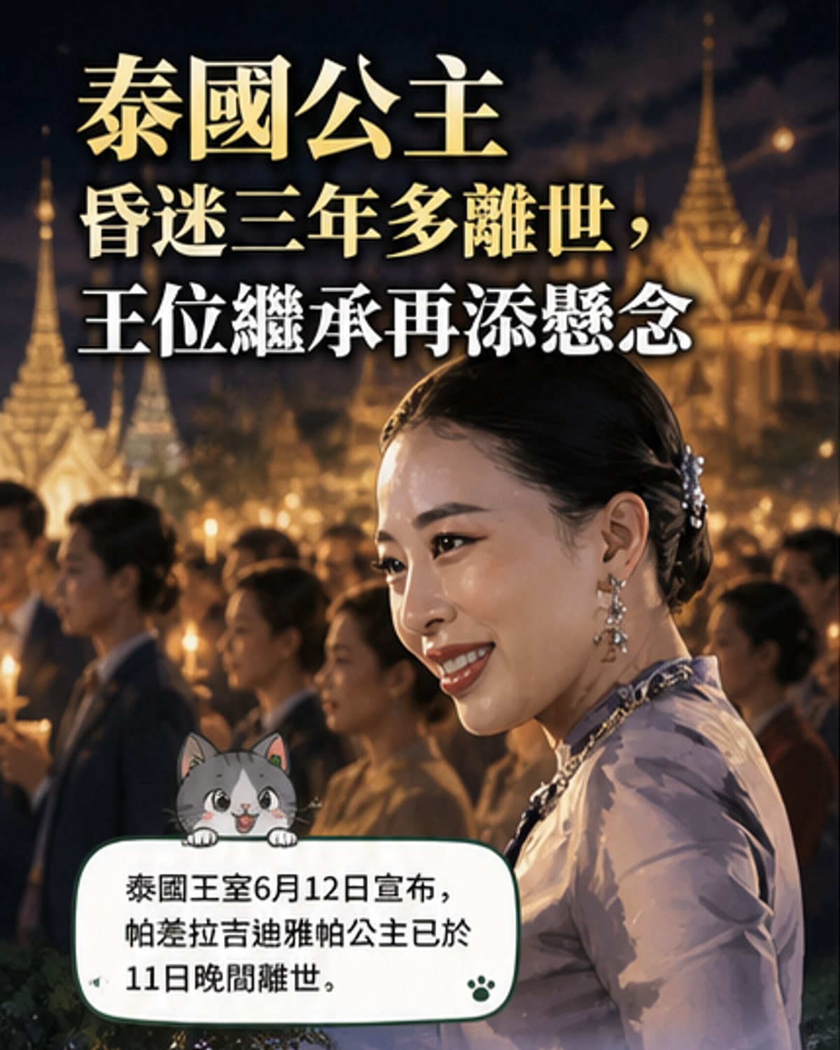 黑白肖像照中的泰國公主帕差拉吉迪雅帕身著軍裝,神情堅毅,背景為王室徽章與曼谷城市天際線。