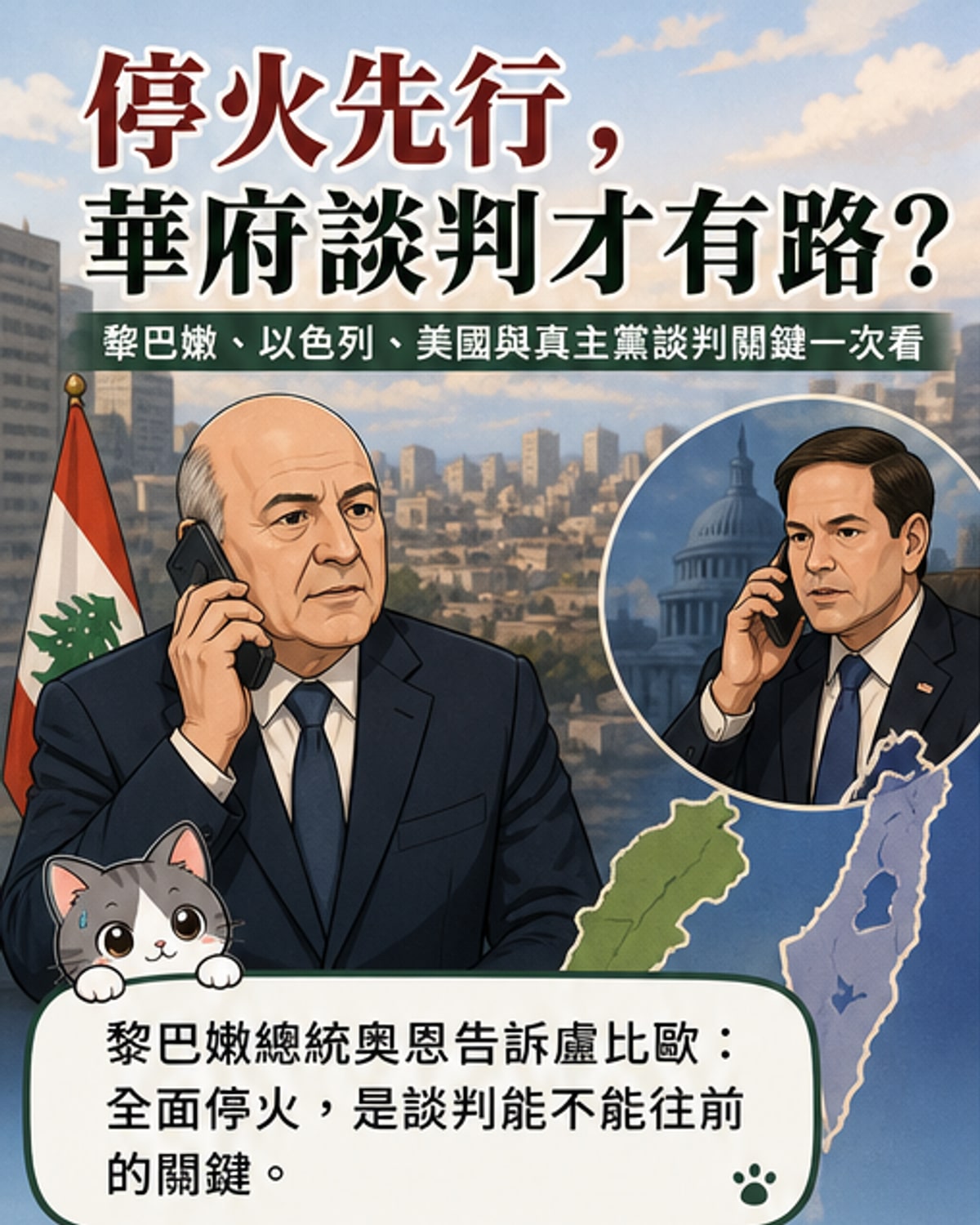 一張地圖顯示黎巴嫩與以色列邊界，兩國代表在美國調停下準備展開新一輪和平談判，畫面強調停火與武裝解除的爭議焦點。