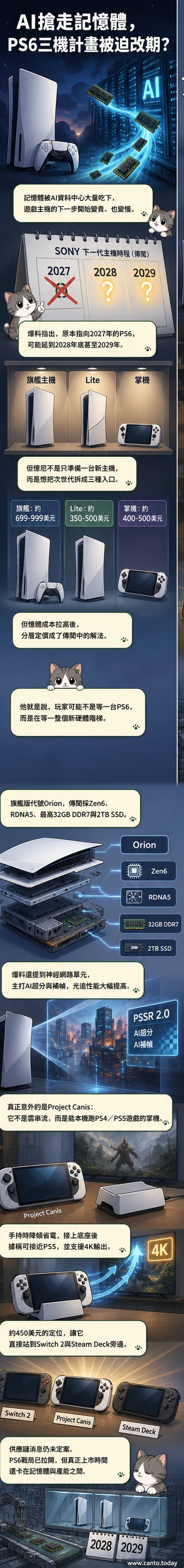 三台索尼新主機並列示意圖：左為旗艦PS6，中為精簡版Lite，右為可插底座的掌機Project Canis，背景為晶片與記憶體線路圖。