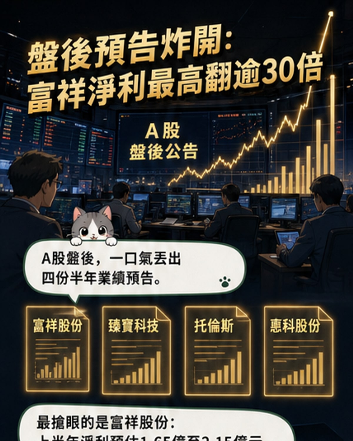 四家企業財報表現對比圖，富祥股份淨利暴增，半導體上下游業績冷暖兩極，面板廠則趨於平穩。