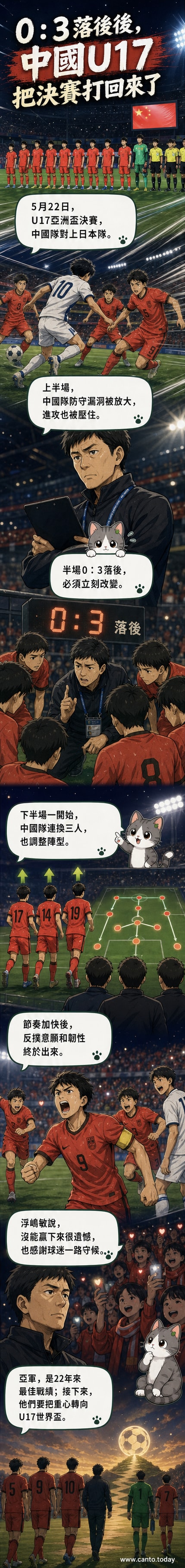 U17男足亞洲盃決賽現場，中國隊球員與日本隊激烈拼搶，看台上有支持者揮舞國旗加油。