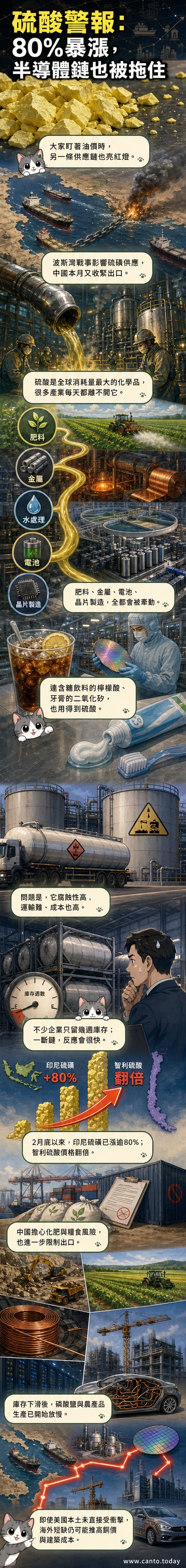 化學工廠與貨輪運輸場景,背景為波斯灣地圖與硫酸分子結構示意圖,突顯全球供應鏈緊張。