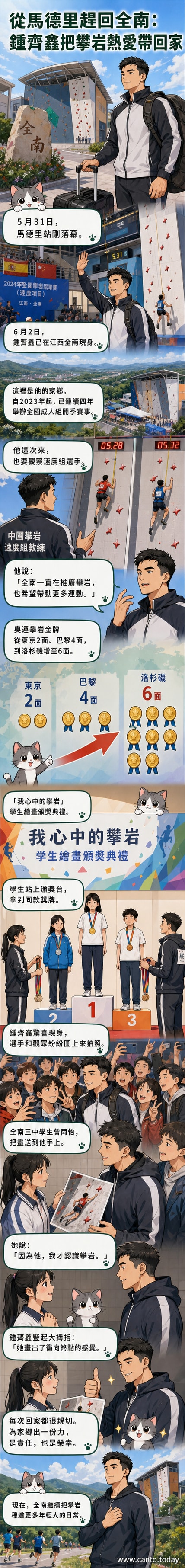 攀岩國家隊教練鍾齊鑫在故鄉全南縣的攀岩賽場上與學生互動,背景為熱烈的比賽現場與攀岩牆
