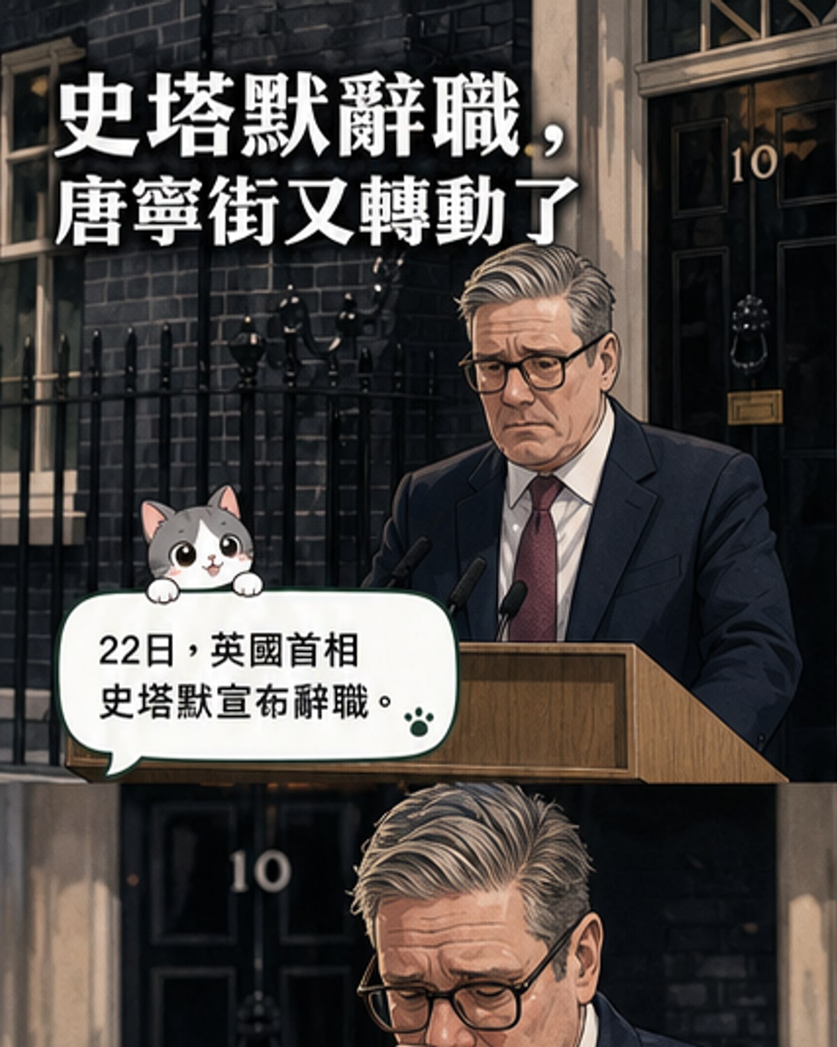 英國首相斯塔默在唐寧街10號前神情凝重地宣布辭職，背後是英國政治動盪的十年輪替圖示