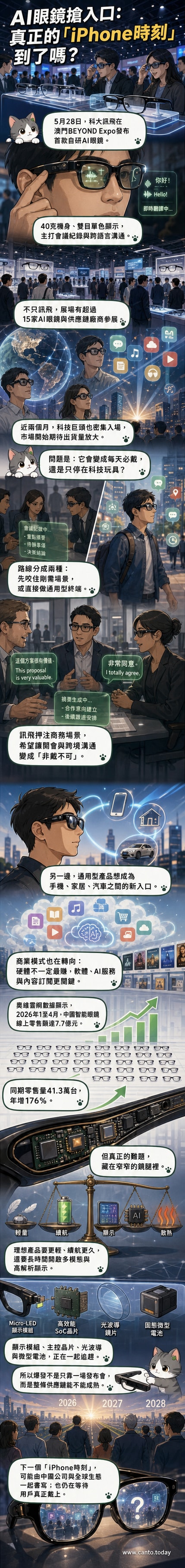 一組最新AI智慧眼鏡產品展示,包括科大訊飛、阿里千問與XREAL等品牌,背景為科技展會現場。