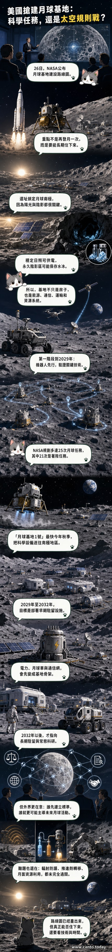 月球南極地表上,一座配備太陽能板與核能裝置的模組化基地正在建設中,遠處有月球車與著陸器活動
