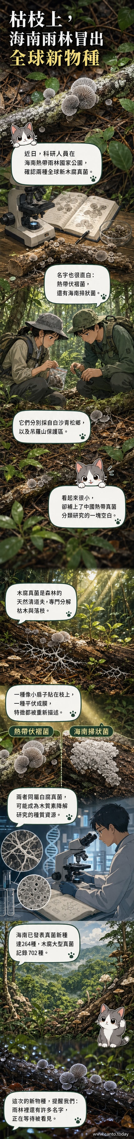海南熱帶雨林中新發現的兩種木腐真菌：熱帶伏褶菌與海南掃狀菌的實體照片，展示其生長於枯木上的自然狀態。