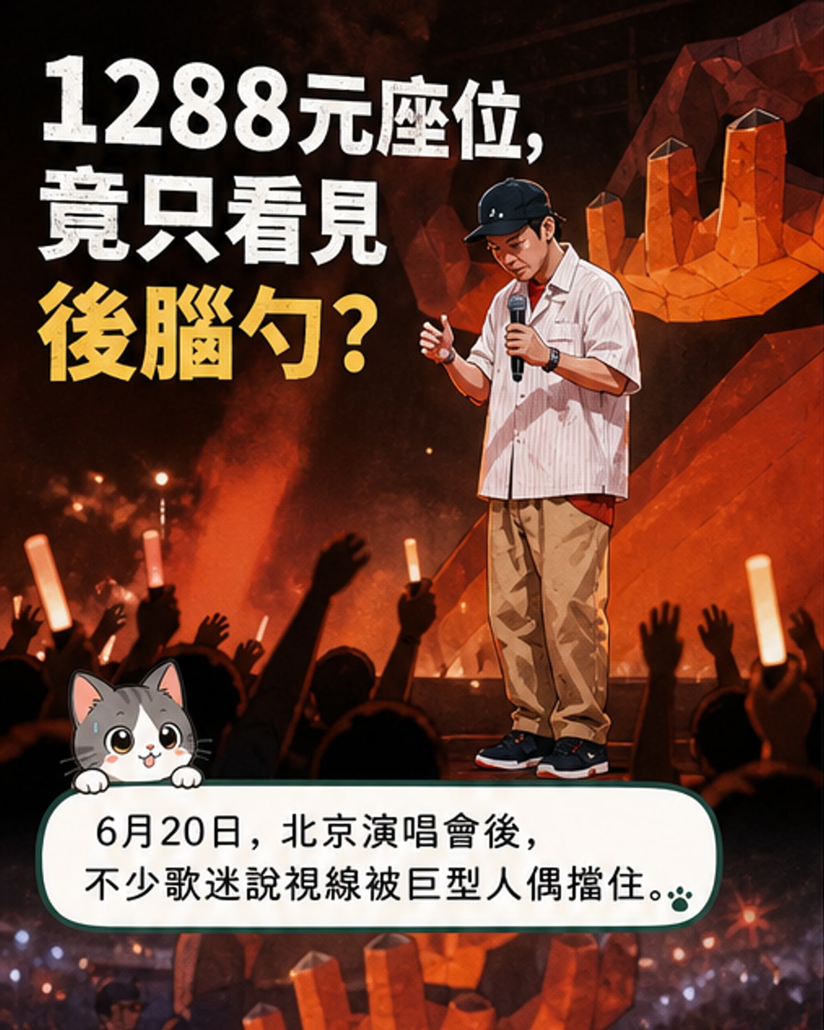 陳小春在演唱會舞台上含淚道歉，背後是巨型人偶裝置和觀眾席。
