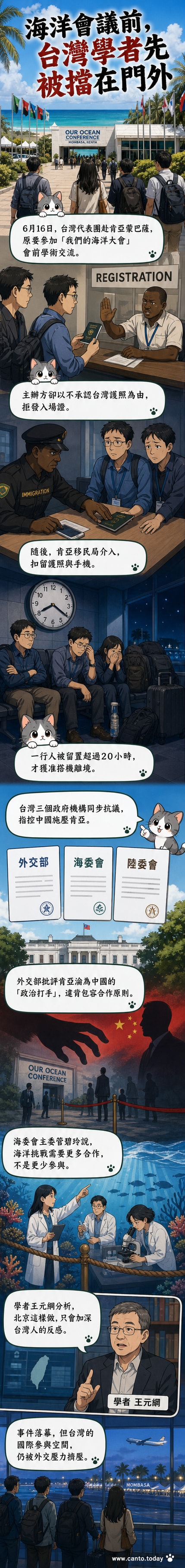 一名台灣學者站在機場海關前，手持護照與文件，背景有肯亞移民官員與標示，天空陰沉。