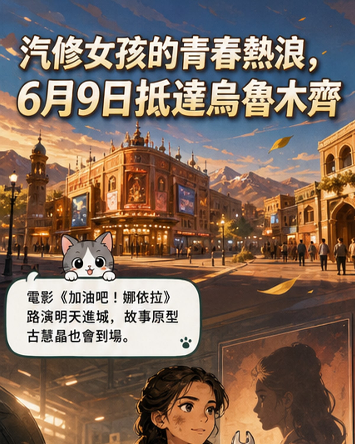 電影《加油吧!娜依拉》海報,主角身穿汽修服站在喀什古城與現代城市交融的背景前