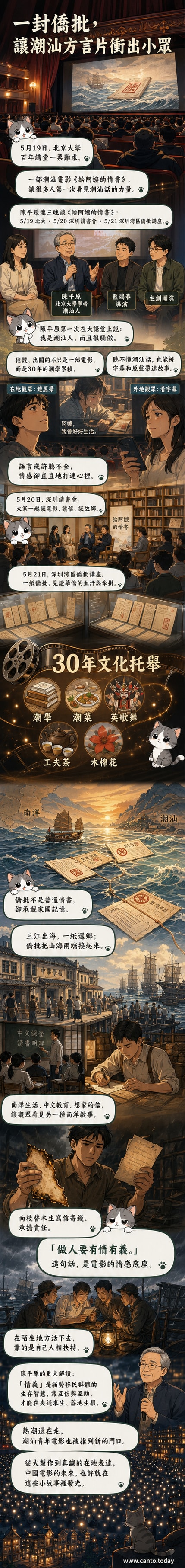電影《給阿嬤的情書》海報,畫面中一位老婦人手持泛黃信件望向遠方,背景是南洋風情與潮汕建築交融的景象。