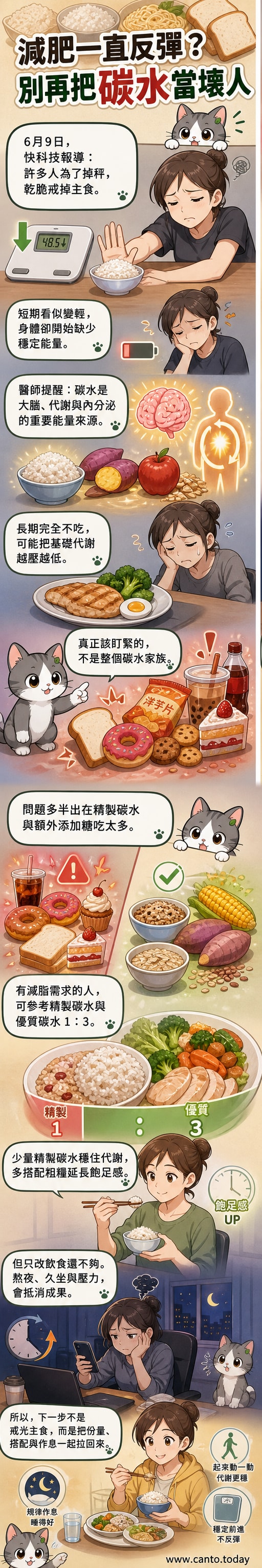一名人物站在體重計上煩惱,背景是白米飯與糖果堆疊成山,營養師手拿全穀與蔬菜解釋飲食平衡。