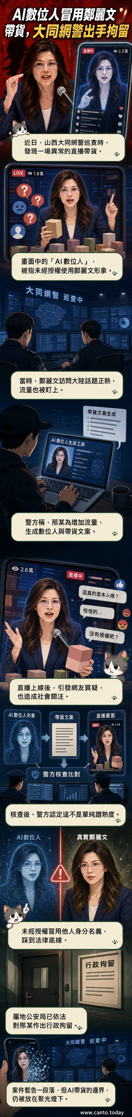 一名男子面對鏡頭直播,螢幕上顯示由AI生成的鄭麗文數位分身,背景為虛擬直播間,象徵AI技術與法律邊界的衝突。