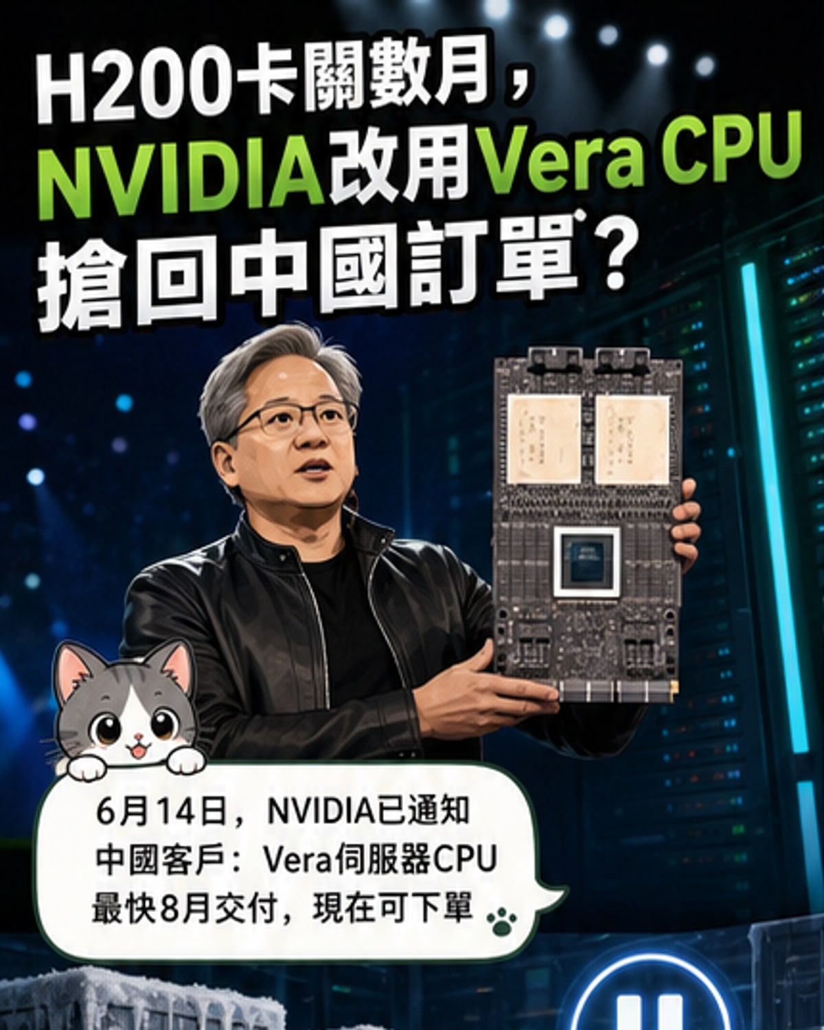 NVIDIA首款自研Vera CPU示意圖,背景為AI智能體運算場景,強調其單核性能提升50%與8月上市時程
