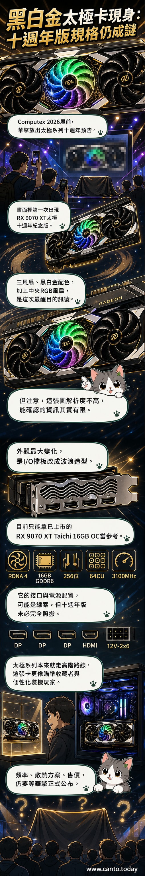 華擎RX 9070 XT太極十週年版顯卡預告圖,展示黑白金三色三風扇設計與波浪形I/O擋板