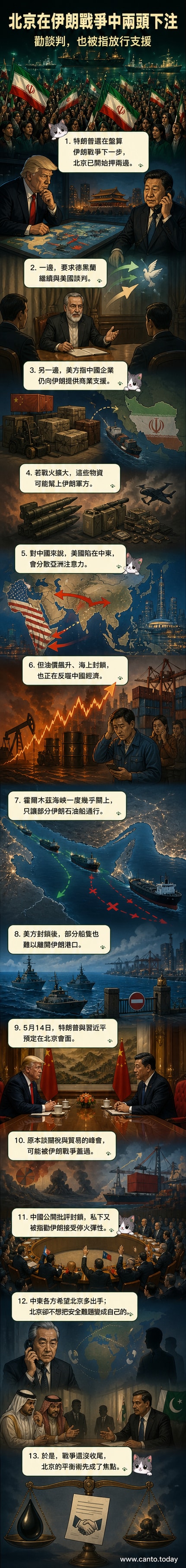 一幅描繪中國外交官與中東地圖的插畫，背景為霍爾木茲海峽與軍艦，象徵中國在伊朗戰爭中的雙面角色。
