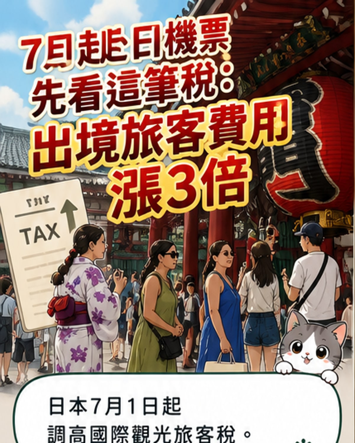 日本機場出境大廳示意圖,標示國際觀光旅客稅即將調漲至3000日圓