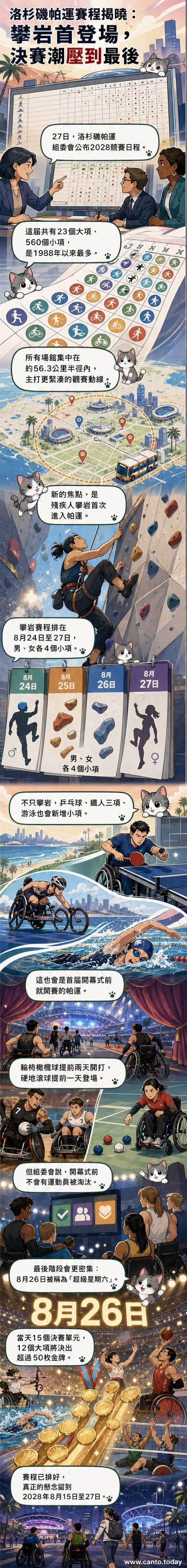 2028年洛杉磯殘奧會官方賽程圖,背景為城市天際線與運動剪影,突出新增的殘疾人攀岩項目