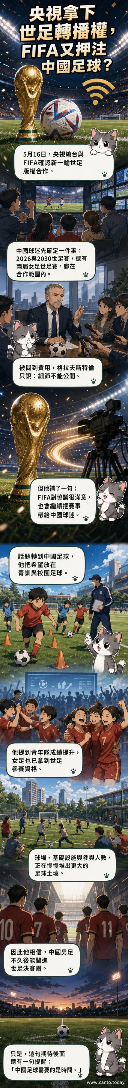 央視標誌與FIFA世界盃獎盃並列,背景為綠茵球場與觀眾席,象徵轉播權達成與球迷期待