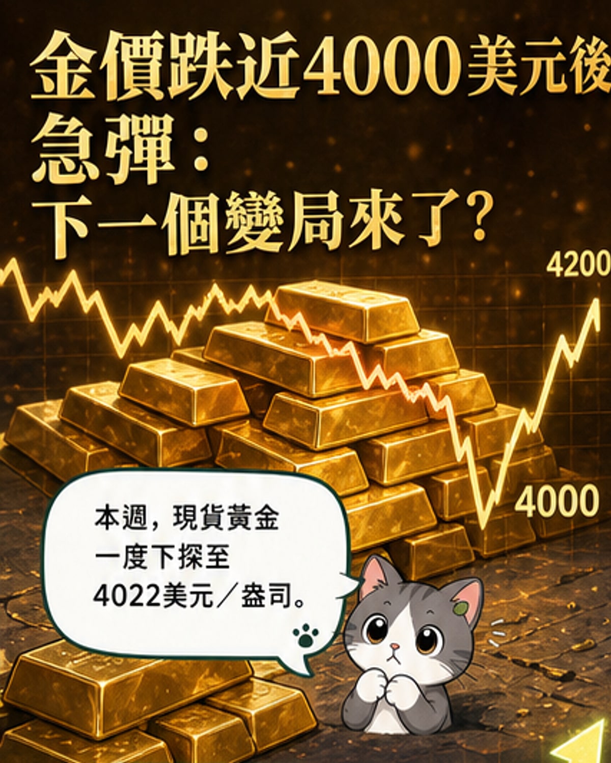 黃金價格走勢圖顯示從4000美元反彈至4200美元上方，背景有美聯儲標誌與地球圖示，象徵貨幣政策與地緣政治影響