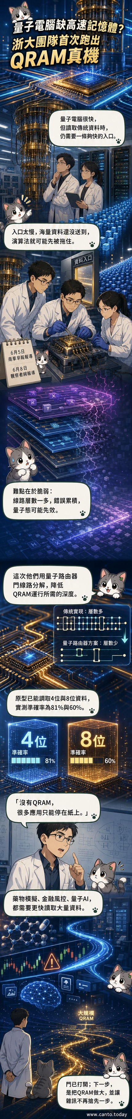 一塊超導量子芯片上顯示量子隨機存儲器（QRAM）的運作示意圖，周圍環繞著量子線路與數據流動的抽象光影，象徵高速資訊交換。