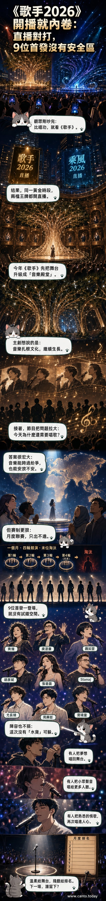 《歌手2026》舞台中央矗立巨大樹形裝置,穹頂設計營造音樂殿堂感,歌手在光影中演唱