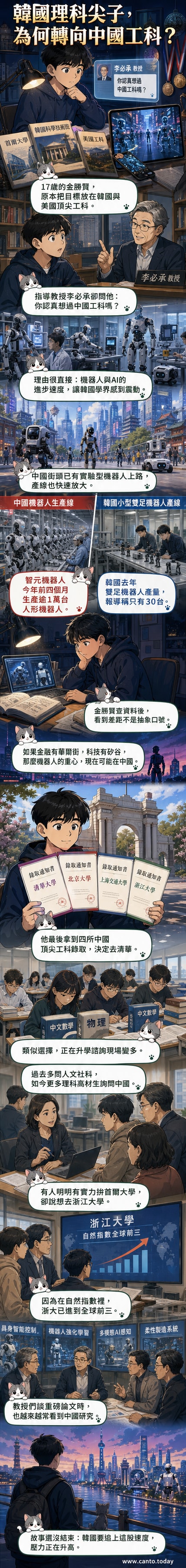 一名韓國學生望向遠處的中國大學校門，背景有機器人與AI符號，象徵科技留學新趨勢