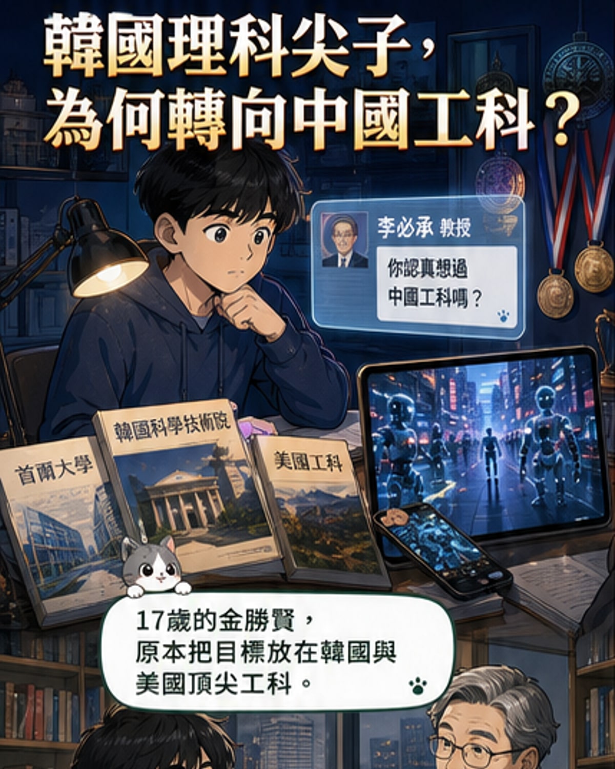 一名韓國學生望向遠處的中國大學校門,背景有機器人與AI符號,象徵科技留學新趨勢