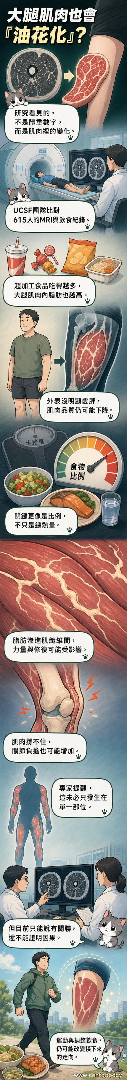 MRI影像顯示大腿肌肉內脂肪分布，呈現類似牛排油花的紋理，右側為正常肌肉對照。