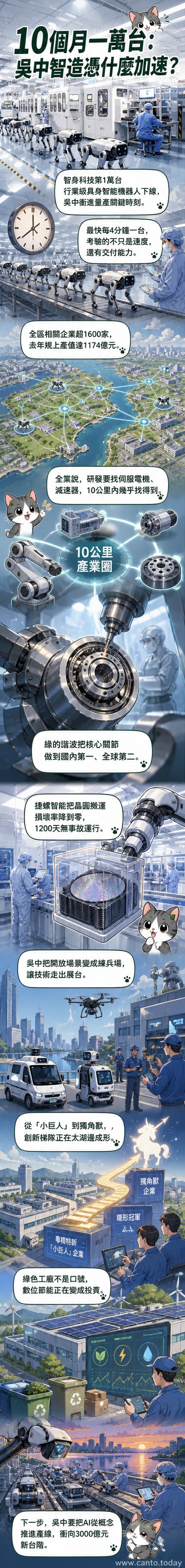 吳中區工廠內，仿生四足機器人正在生產線上移動，背景是數位化監控螢幕與自動化設備。
