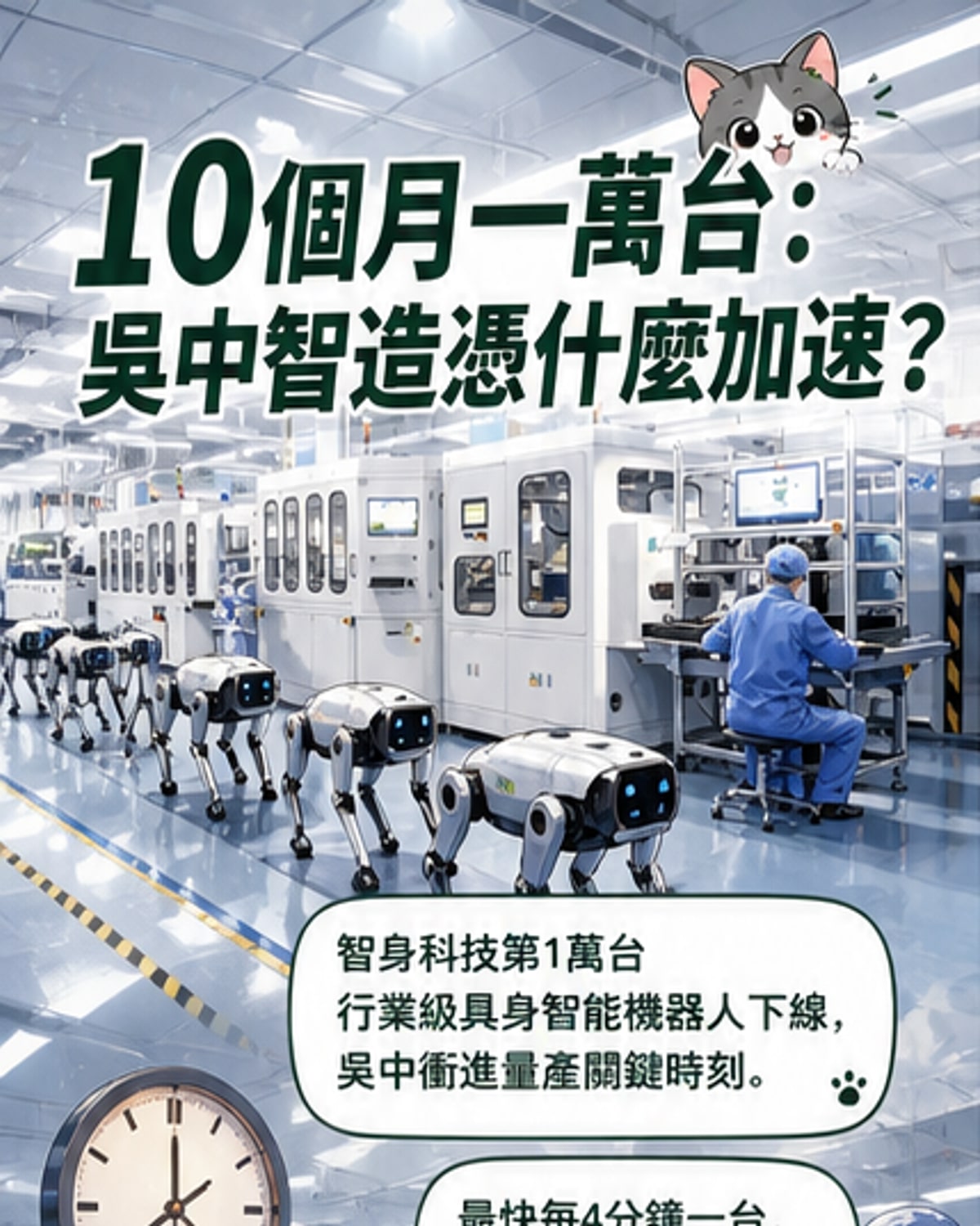 吳中區工廠內,仿生四足機器人正在生產線上移動,背景是數位化監控螢幕與自動化設備。