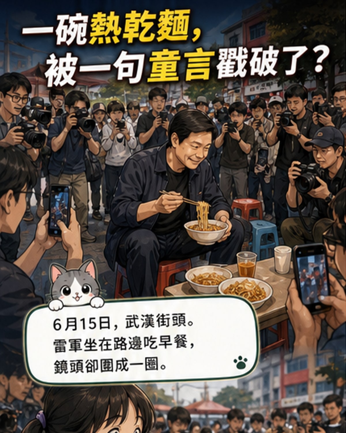 漫畫風格插圖：雷軍坐在武漢街邊小板凳上吃早餐，周圍多名攝影師舉機拍攝，一名小女孩指著畫面說「吃早餐還要這麼多人拍照」，背景是小米股價暴跌的走勢圖。