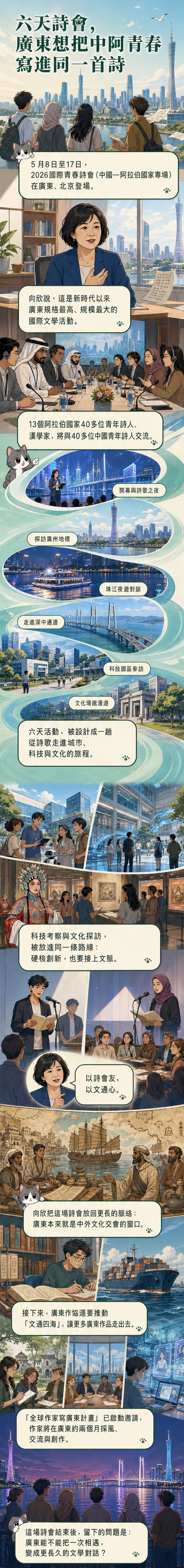 多位中外詩人站在廣州塔前合影,背景是珠江與現代城市天際線,象徵詩歌與城市的交融。