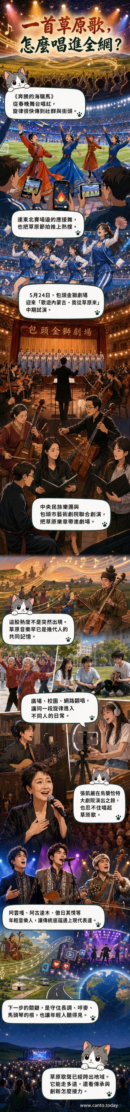 一幅視覺化場景：廣袤草原上，歌手站在舞台中央演唱，背後是遼闊天空與奔騰馬群，觀眾席上不同年齡層的人們跟著節奏搖擺，空中飄著音符與蒙古文字樣。