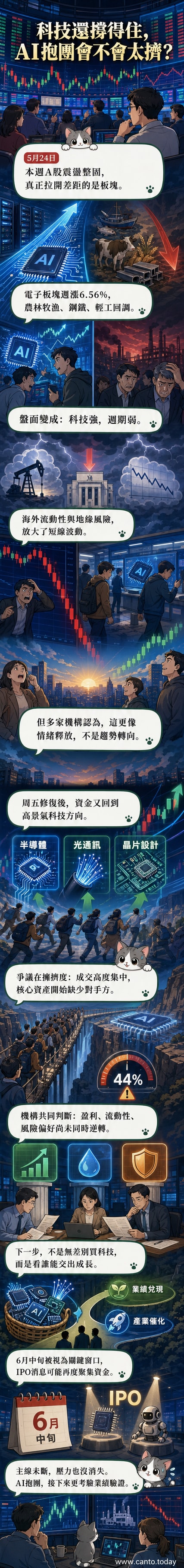 一組數據圖表顯示電子板塊上漲,農林牧漁與鋼鐵板塊下跌,背景為半導體晶片與AI伺服器意象。