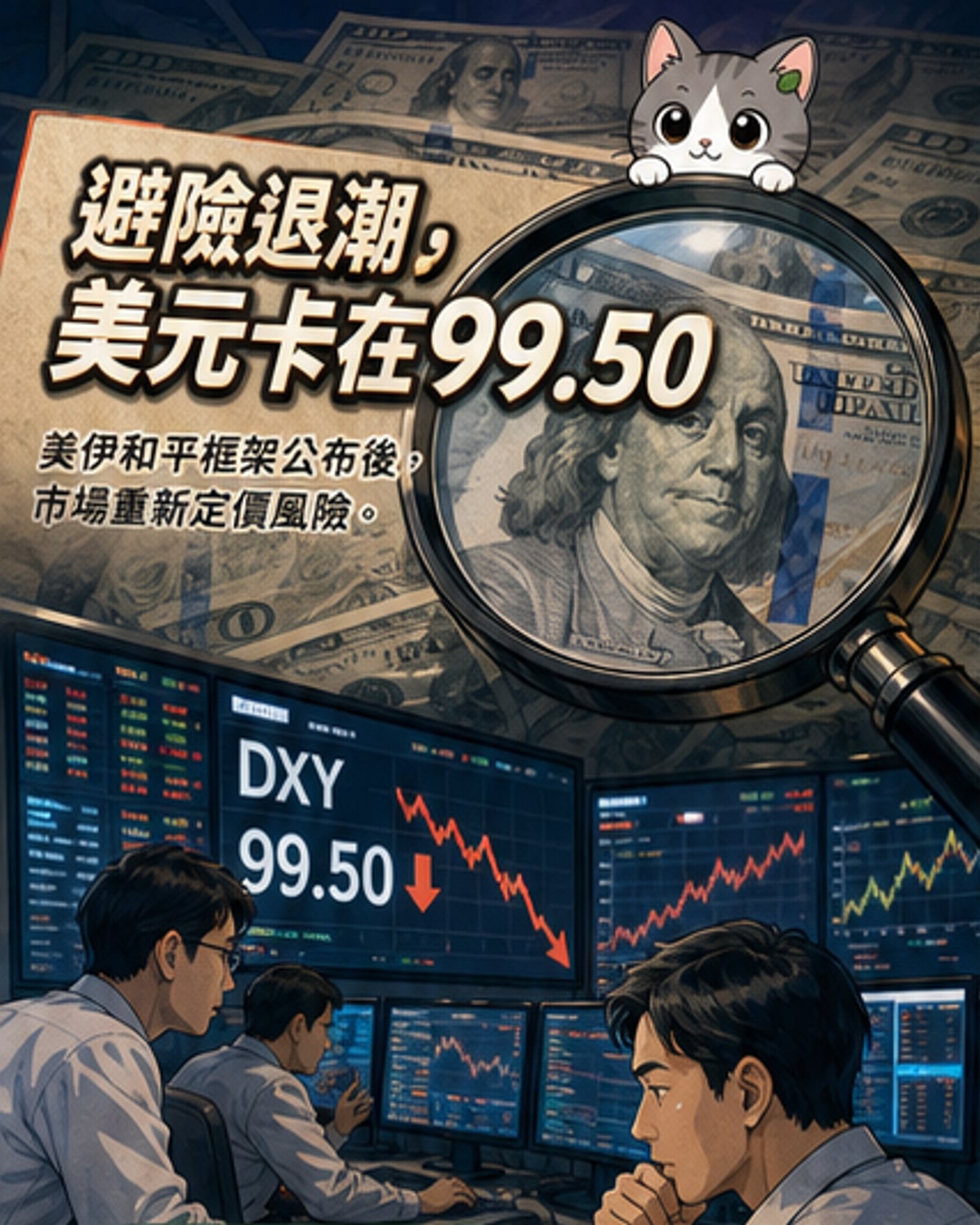 美元指數圖表顯示回落走勢,背景為美伊協商與霍爾木茲海峽地圖