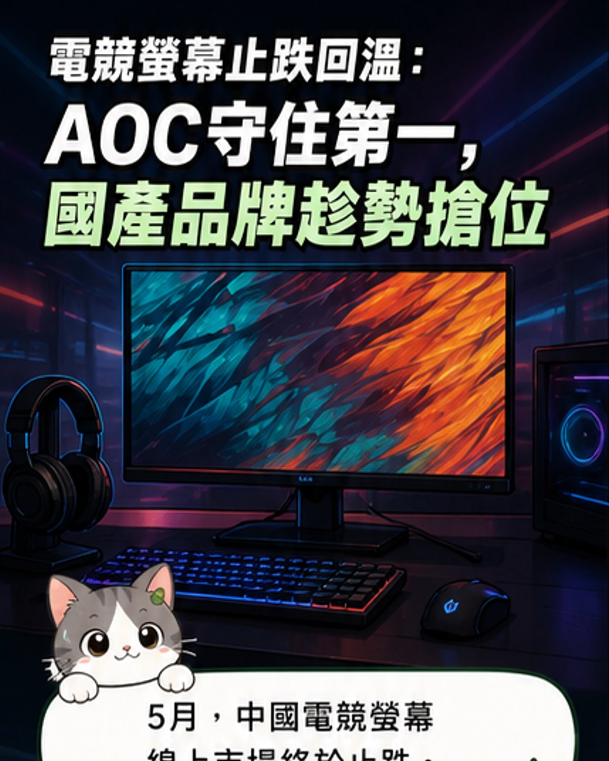 一組電競顯示器產品排列,背景為動態遊戲畫面,標示AOC品牌位居榜首的5月銷售榜單