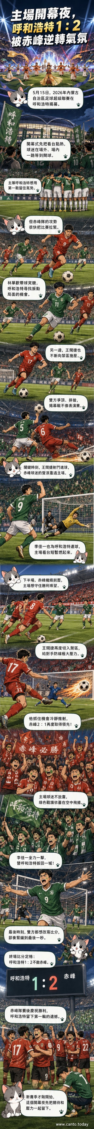 呼和浩特體育場內,赤峰隊球員在比賽中慶祝進球,球迷在看台揮舞旗幟,現場氣氛熱烈。