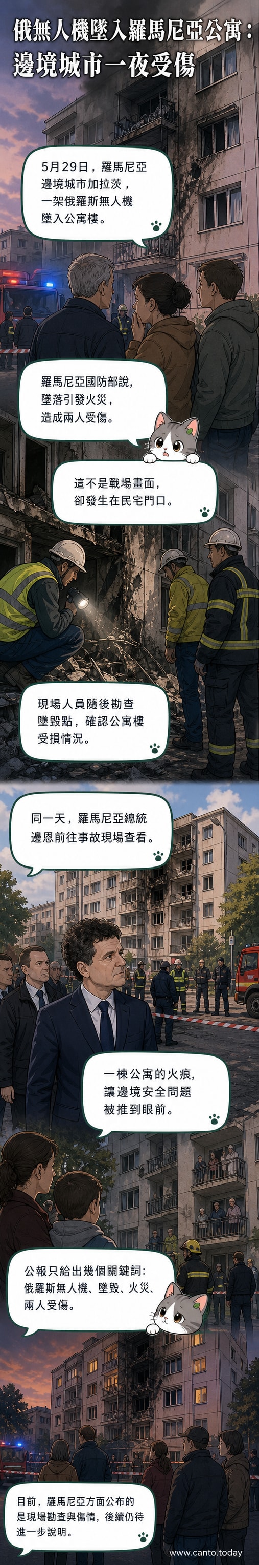 羅馬尼亞加拉茨市一棟公寓外,工作人員在無人機墜毀現場勘查,建築物外牆可見火損痕跡。