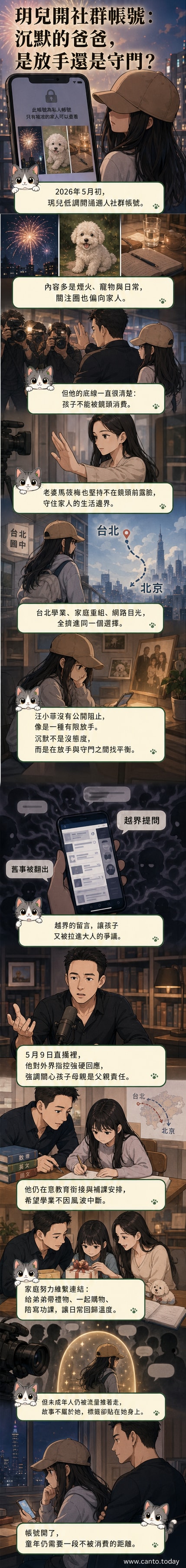 插畫呈現汪小菲遠遠守望女兒汪希玥使用手機的背影,背景是閃爍的社群訊息與星光,傳達保護與距離的張力。
