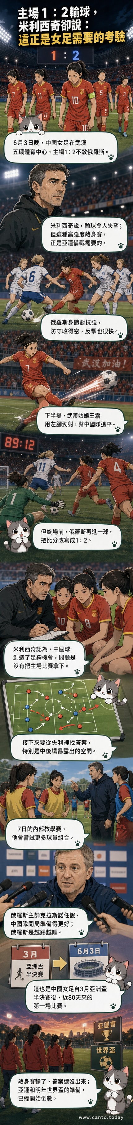 中國女足主教練米利西奇在場邊指揮，神情專注，背景是武漢五環體育中心的觀眾席。