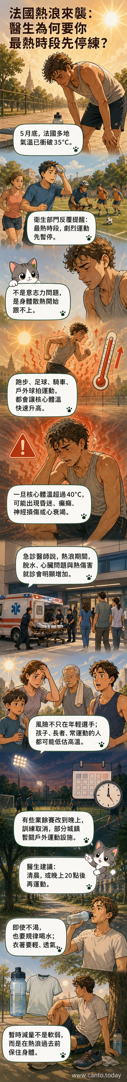 一名跑步者在炎熱的街道上奔跑,背景是高溫警示標誌與空曠的公園,天空呈現炎熱的橙黃色調。