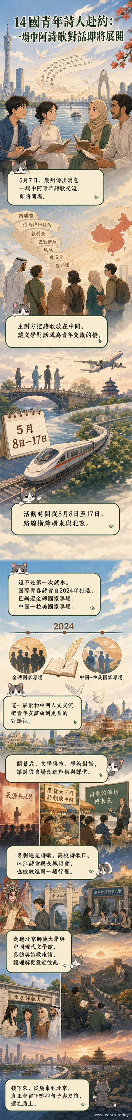 多位青年詩人站在廣東與北京的地標前朗誦詩歌,背景融合中阿文化元素與詩句文字。