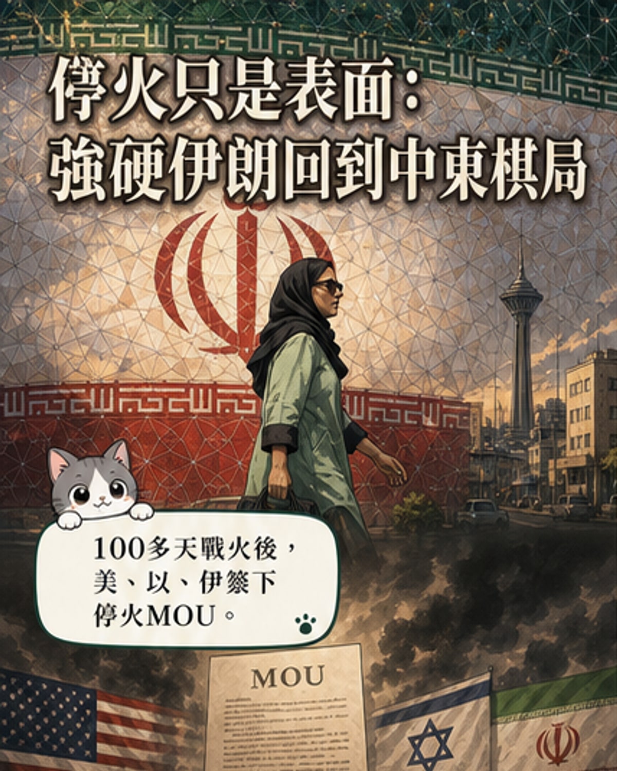 德黑蘭恩格拉布廣場,一名女子走過巨幅伊朗國旗,背景可見反美象徵與城市天際線,展現戰後伊朗的強硬姿態。