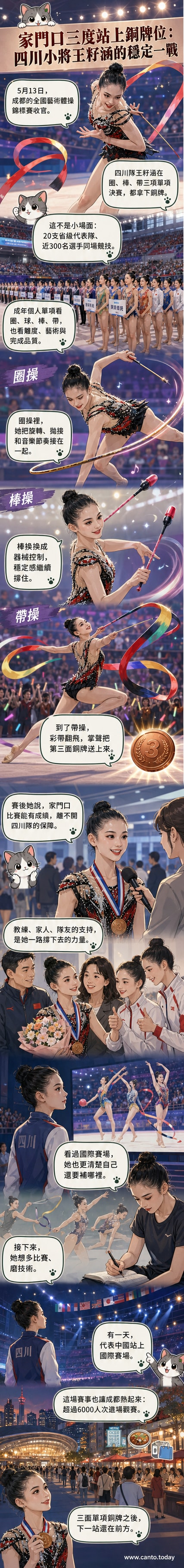 藝術體操選手王籽涵在比賽中揮舞彩帶,動作優雅流暢,背景為成都東安湖體育公園的觀眾席。